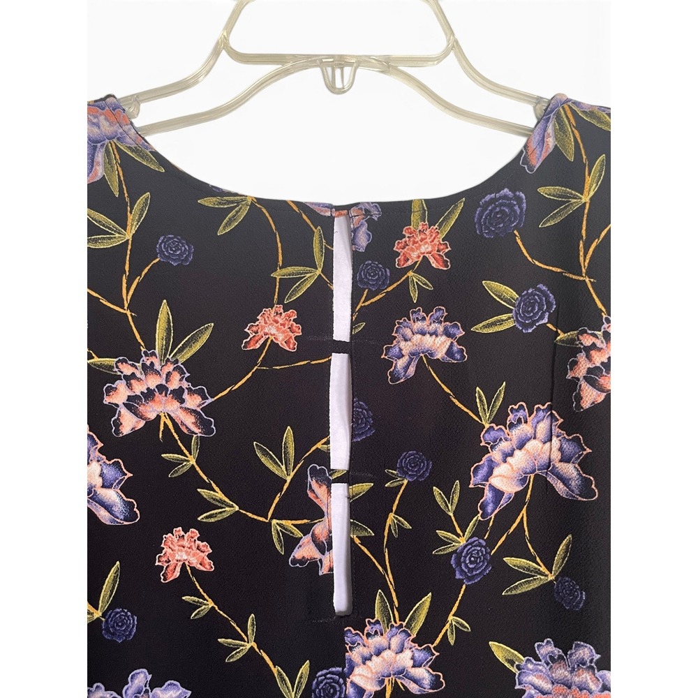 H&M Dark Floral Shift Dress 3/4 Sleeve Size 12 Lined Pockets Black Blue Retro - Picture 4 of 5